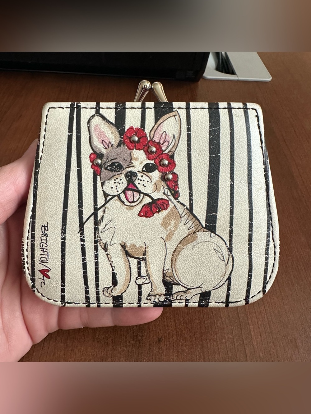 Brighton poppy french bull dog frenchie kisslock wallet small leather RARE cute!